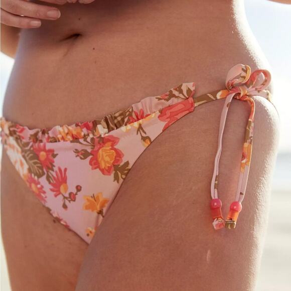 Aerie Printed Ruffle Tie Cheekier Bikini Bottom in Country Pink Size S NWT - Picture 1 of 12